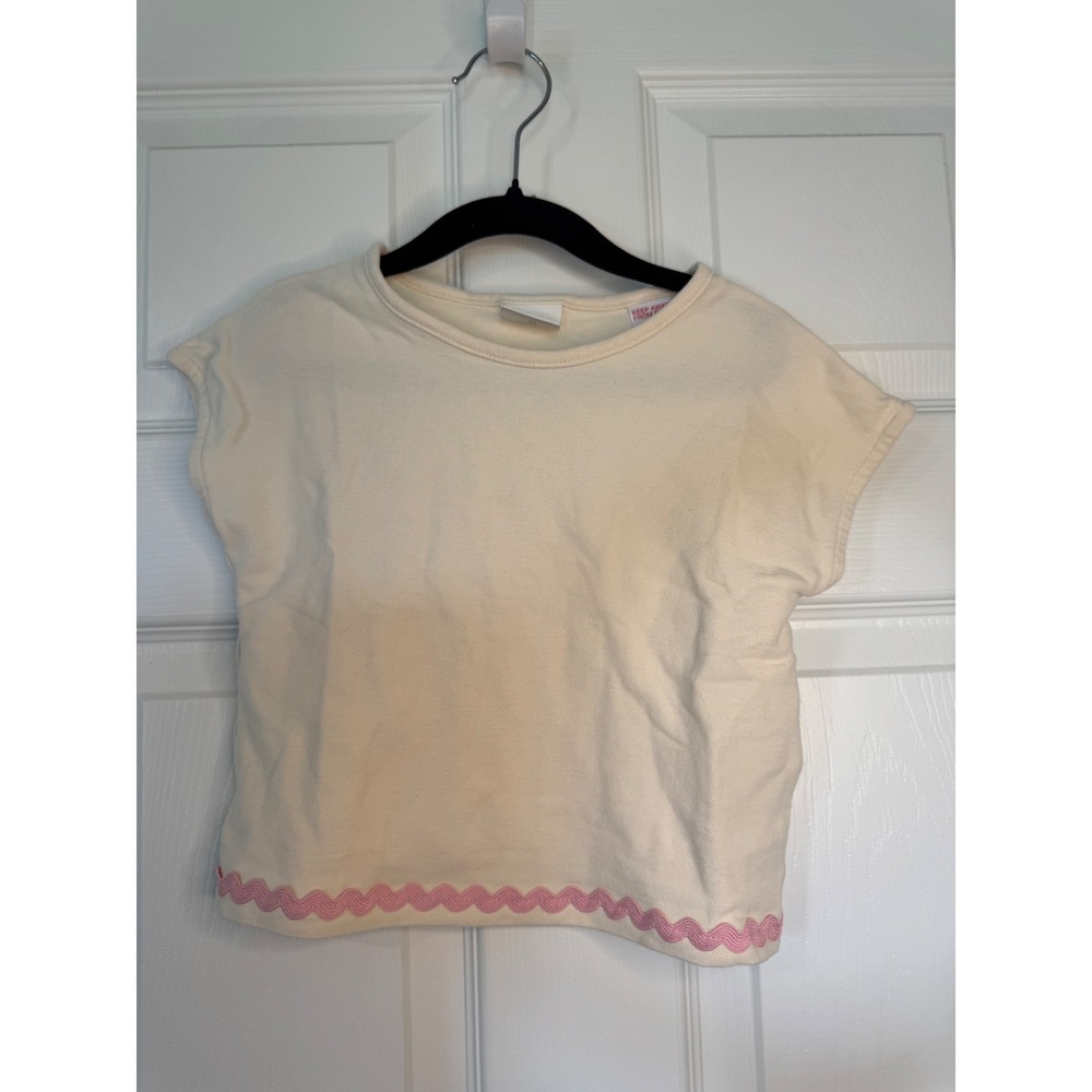 Zara Kids Girls Cream Textured Knit Top Pink Ric Rac Trim Short Sleeve Size 3T